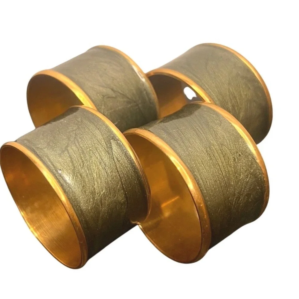 Napkin‎ Rings Olive Green Gold Brass Marbled Enamel Set of 4 Mid Century Style